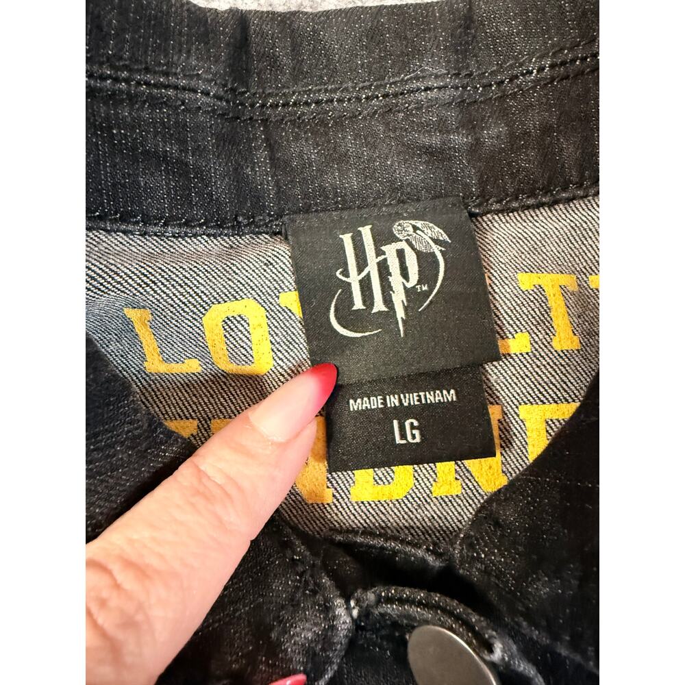 Official Harry Potter Hufflepuff Black Denim Jacket Large Women's Spellout - Picture 5 of 7